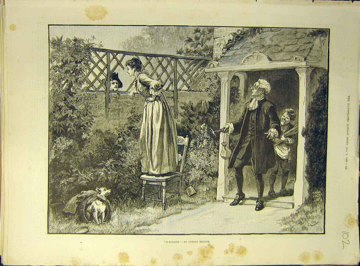 Original Old Antique Print 1893 Surprised Browne Lady Man Fence Dog Man 19th