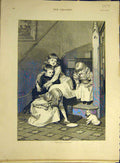 Original Old Antique Print 1887 Pampered Morsel Kitten Stairs Children Victorian