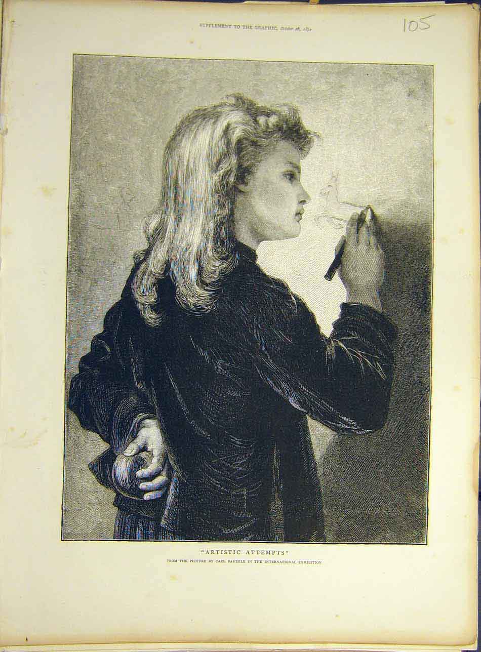 Original Old Antique Print 1872 Artistic Atteempts Bauerle Girl Drawing Sketch