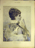 Original Old Antique Print 1887 Janet Portrait Lady Fan Fine Art 19th