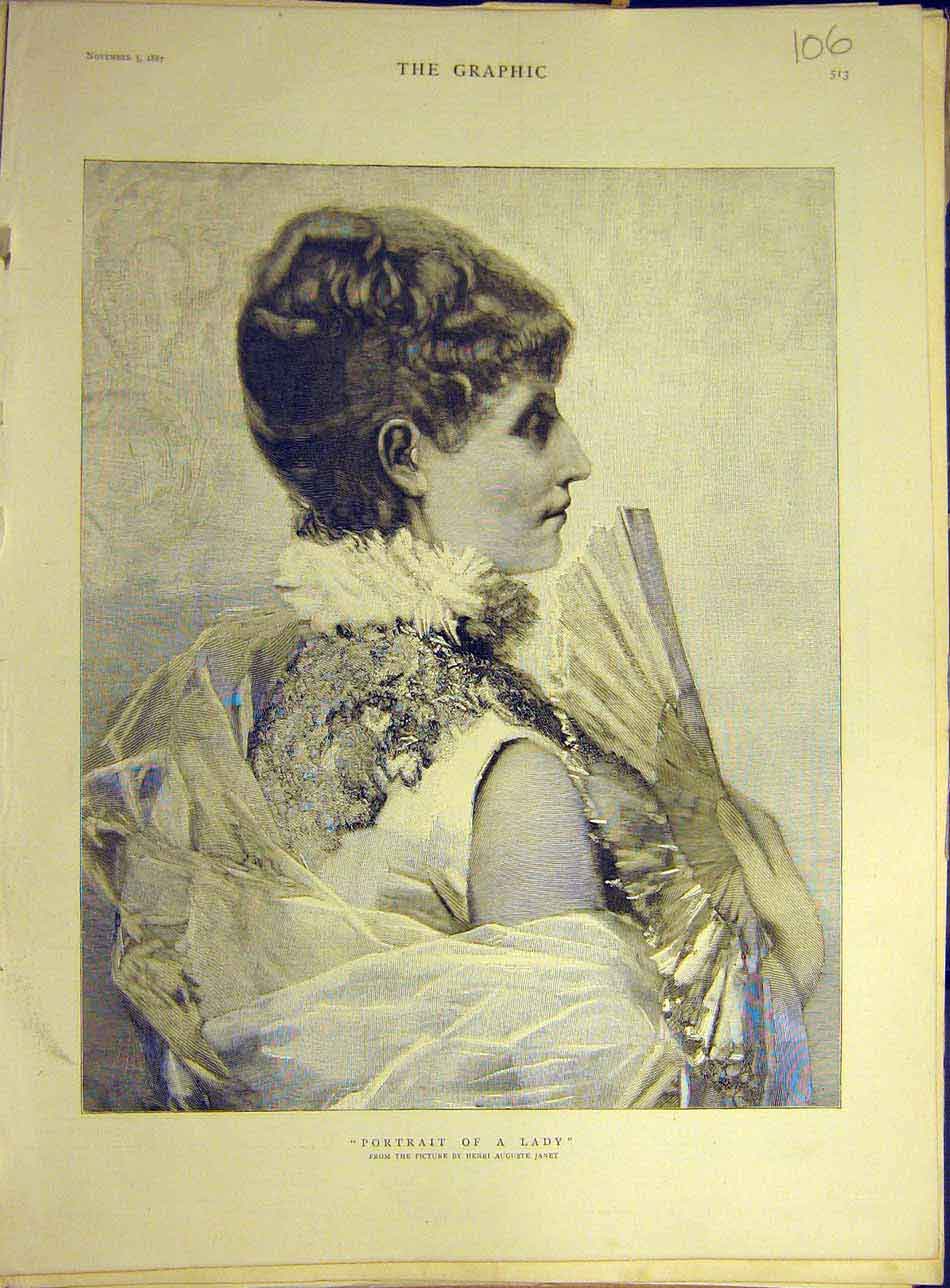Original Old Antique Print 1887 Janet Portrait Lady Fan Fine Art 19th