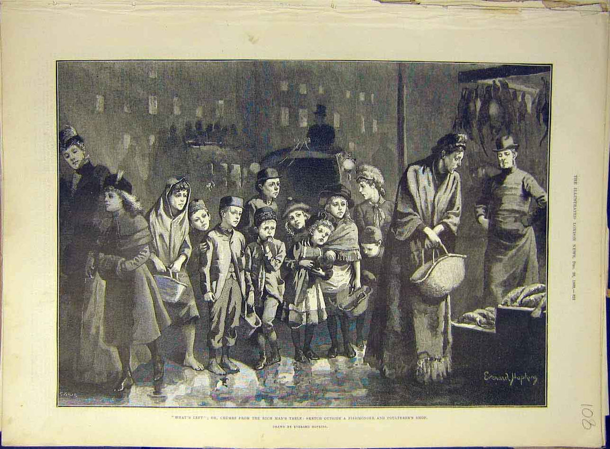 Original Old Antique Print 1889 Sketch Fishmonger Poulterer Shop Hopkins 19th