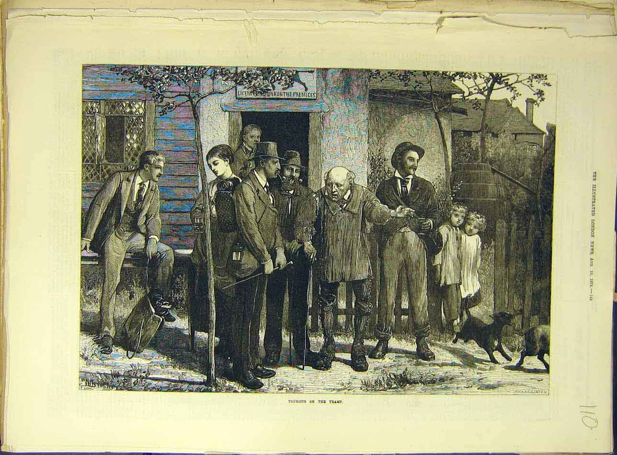 Original Old Antique Print 1874 Tourists Tramp Pubs People 19th
