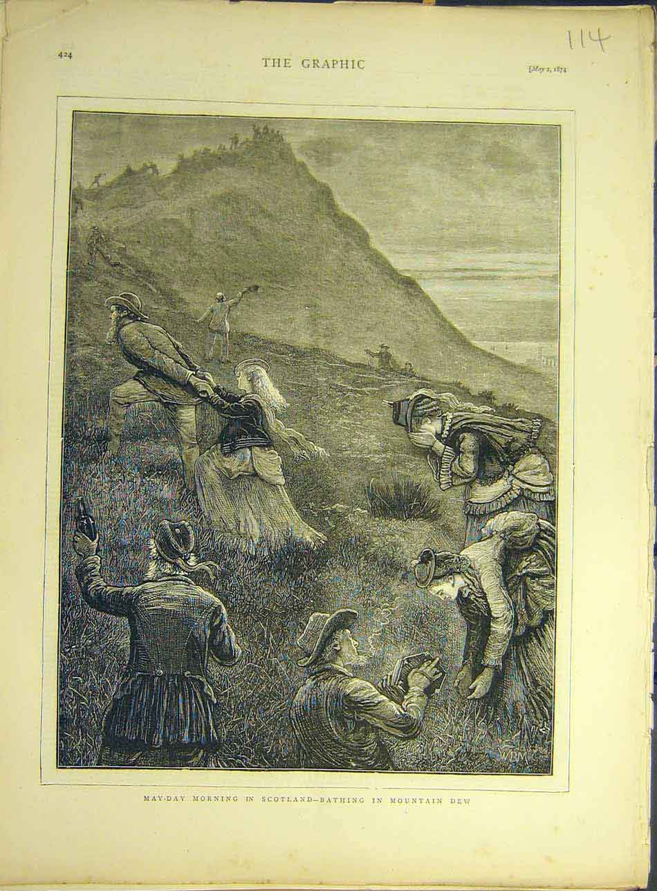 Original Old Antique Print 1874 May-Day Scotland Bathing Mountain Dew Victorian