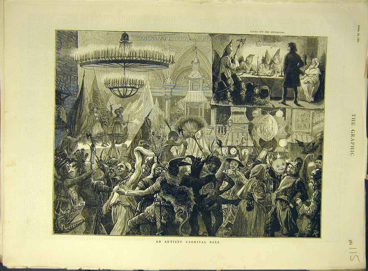 Original Old Antique Print 1881 Artist Carnival Ball Fancy-Dress Festival 19th