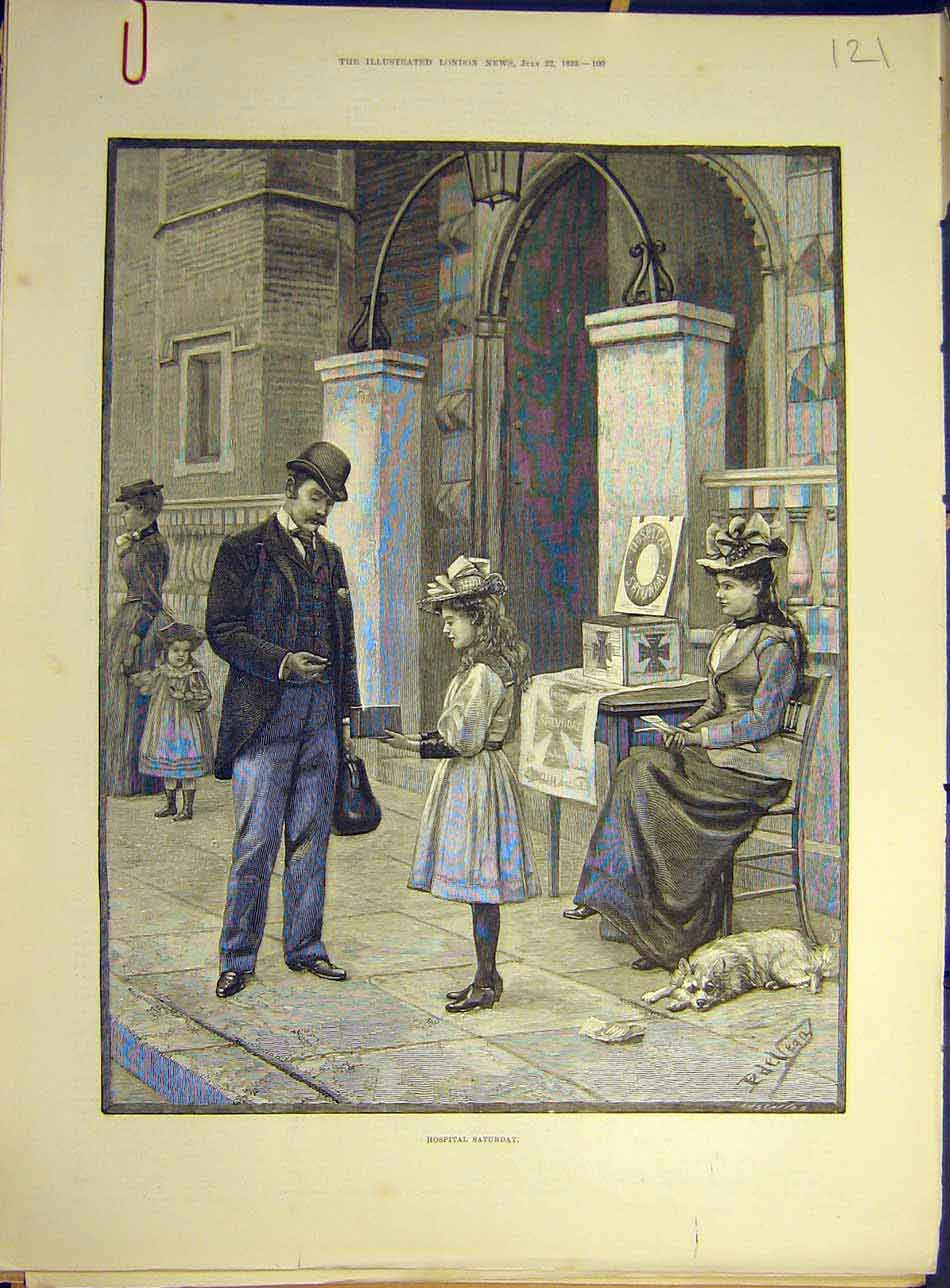 Original Old Antique Print 1893 Hospital Saturday Collections Street Child 19th