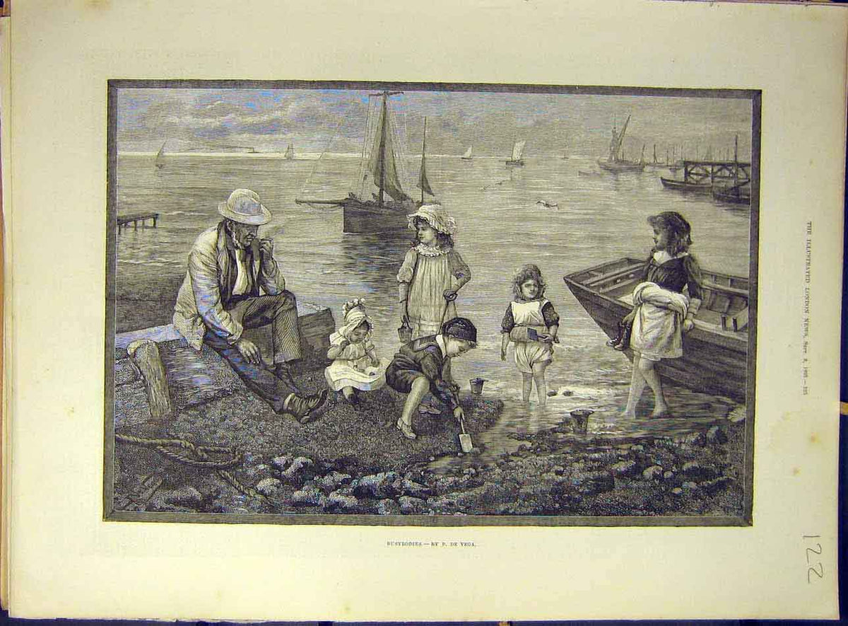 Original Old Antique Print 1893 Busy-Bodies De-Vega Children Sea-Side Beach 19th