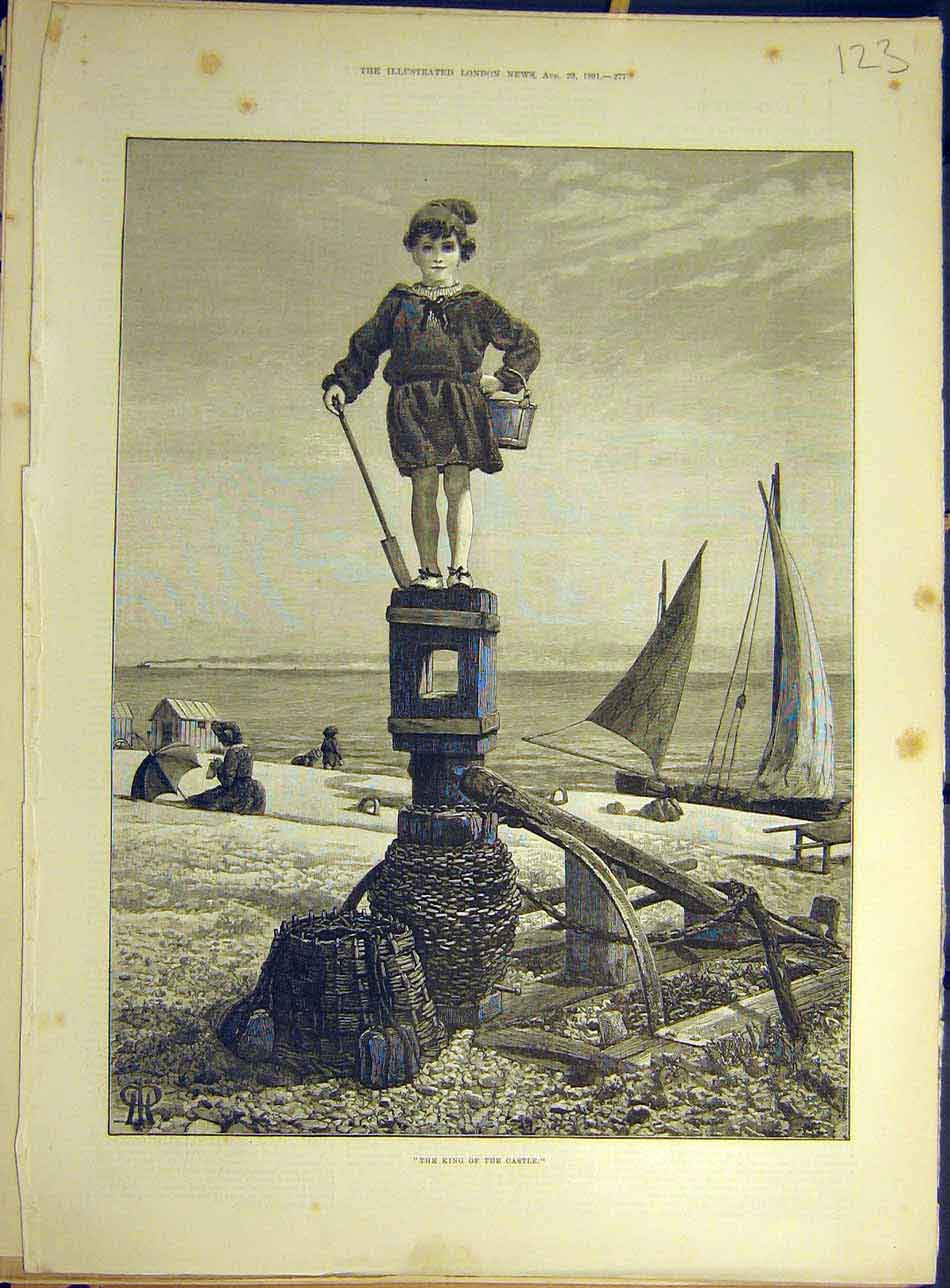 Old Antique Print 1891 King-Castle Boy Pillar Bucket Spade Beach Sea-Side 19th