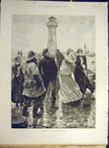 Original Old Antique Print 1893 Yacht-Ahoy Lighthouse Ladies Men Docks People
