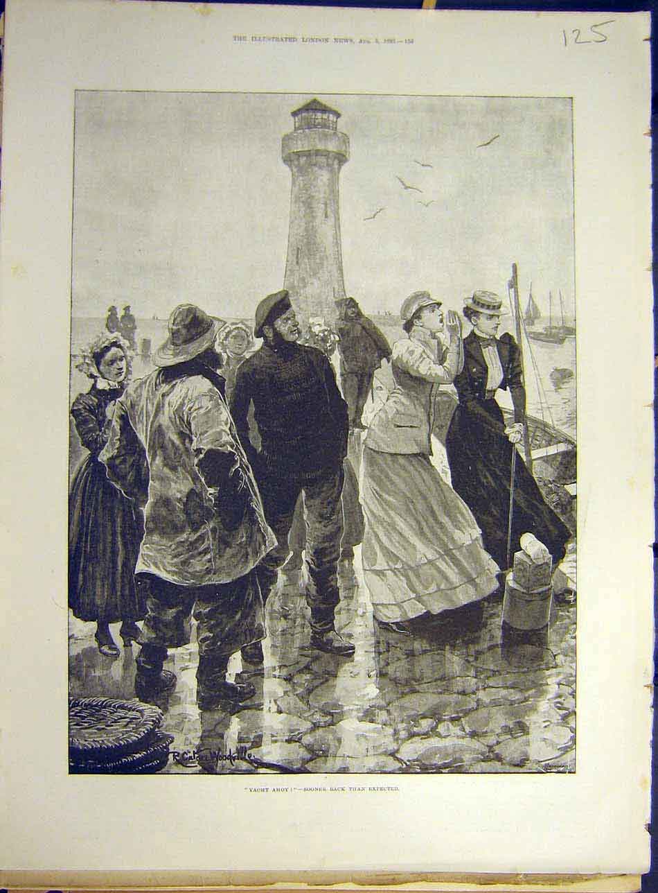 Original Old Antique Print 1893 Yacht-Ahoy Lighthouse Ladies Men Docks People