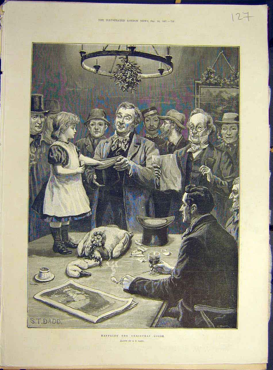 Original Old Antique Print 1887 Raffling-Christmas Goose Dadd Child Hat Ticket