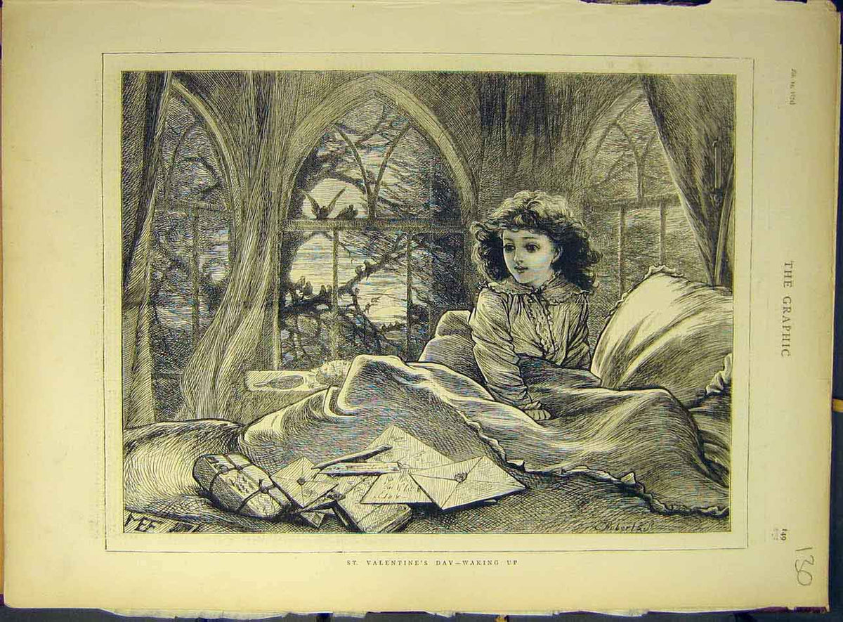 Old Antique Print 1874 Valentine'S Day Waking-Up Letters Girl Young-Lady 19th