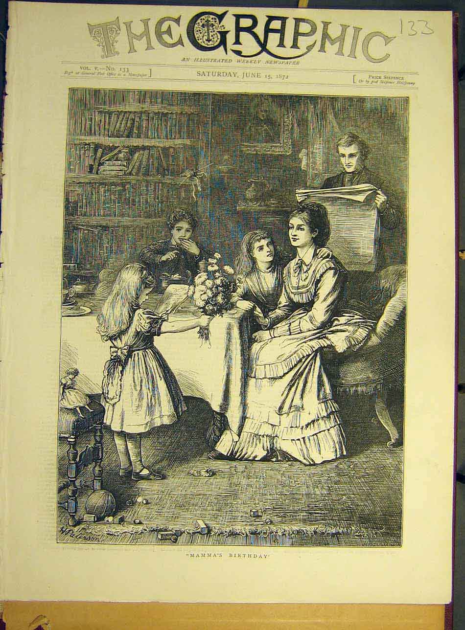 Original Old Antique Print 1872 Mama'S Birthday Children Flowers Verse Victorian
