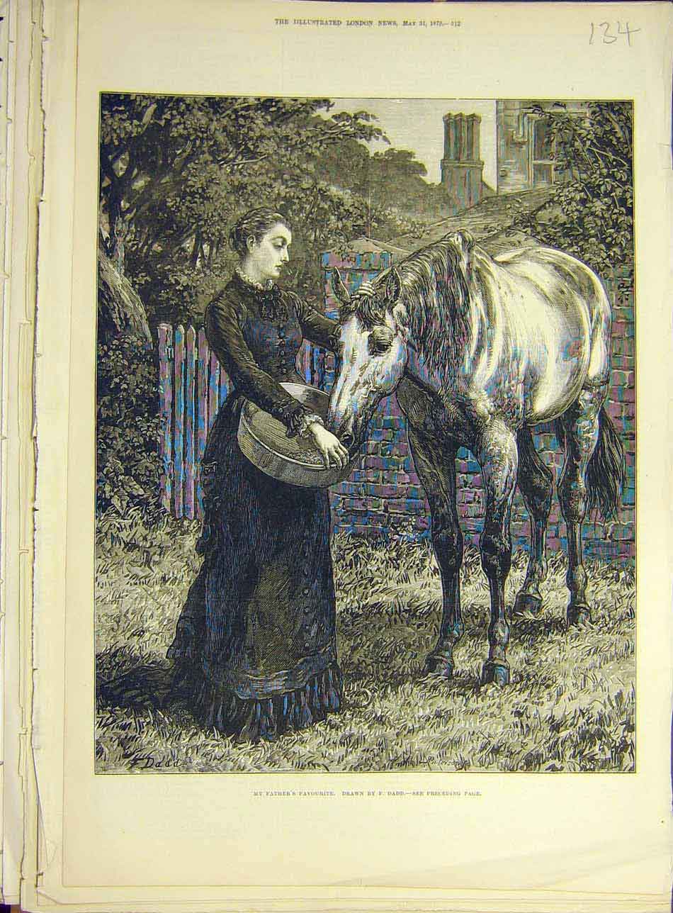 Original Old Antique Print 1879 Father'S Favorite Dadd Horse Lady Food Victorian