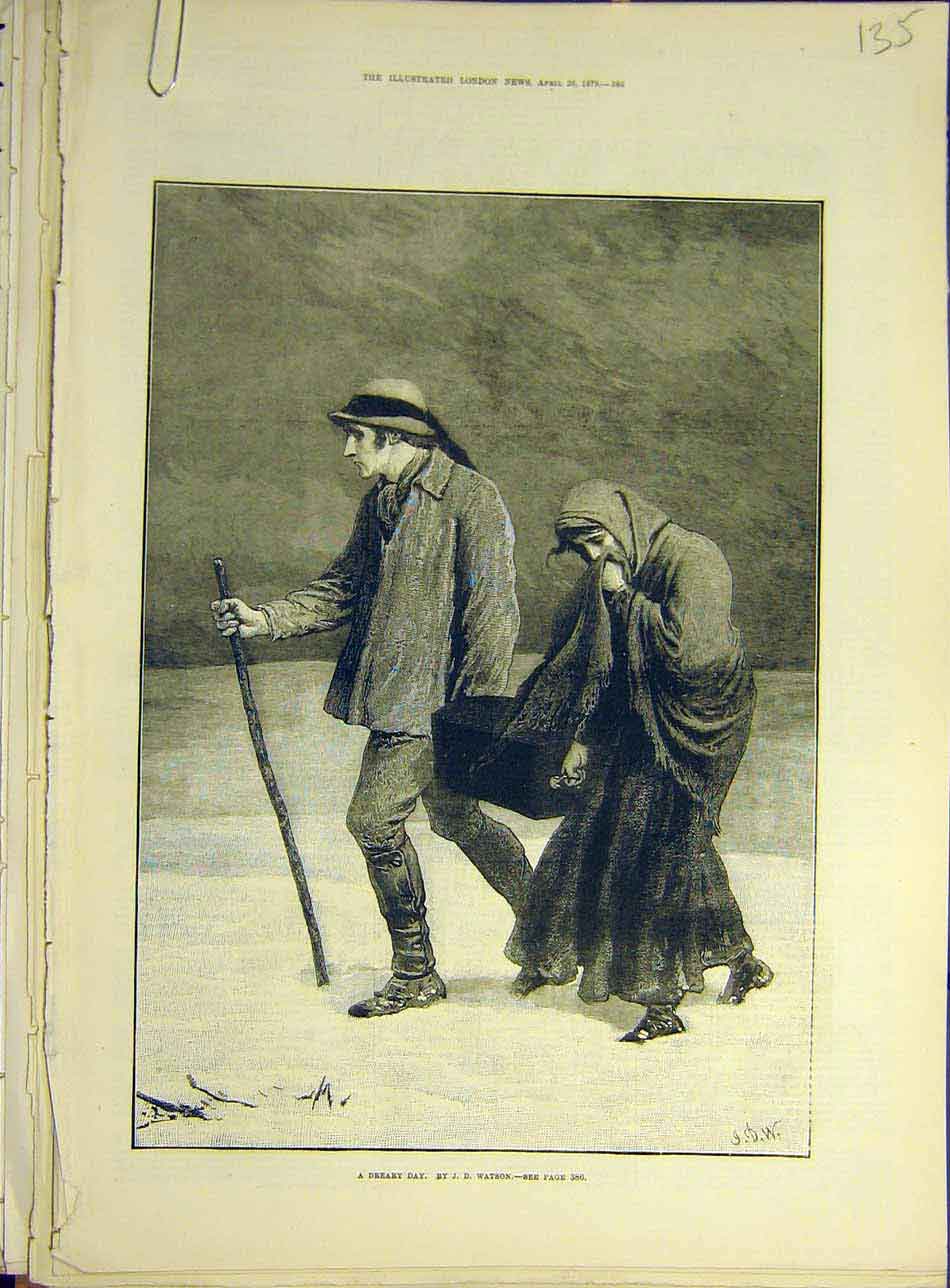Original Old Antique Print 1879 Dreary Day Watson Lady Man Winter 19th