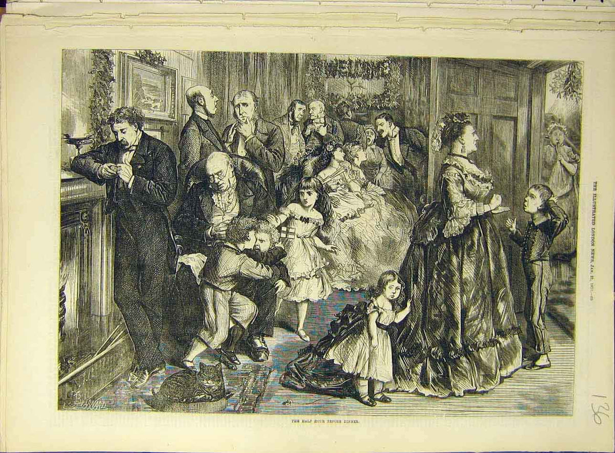 Original Old Antique Print 1871 Dinner Half-Hour People Children Waiting 19th