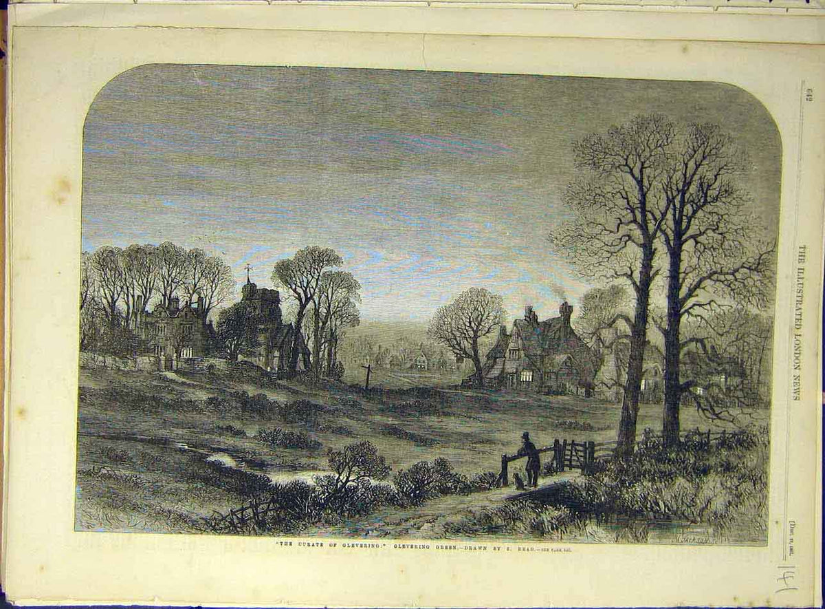Original Old Antique Print 1861 Curate Glevering Green Read Country Landscape