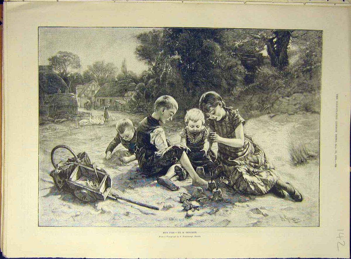 Original Old Antique Print 1895 Mud-Pies Genzmer Children Games Country 19th