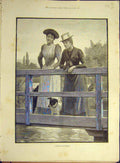 Original Old Antique Print 1892 Spectators Ladies Dog River Bridge Fine Art 19th