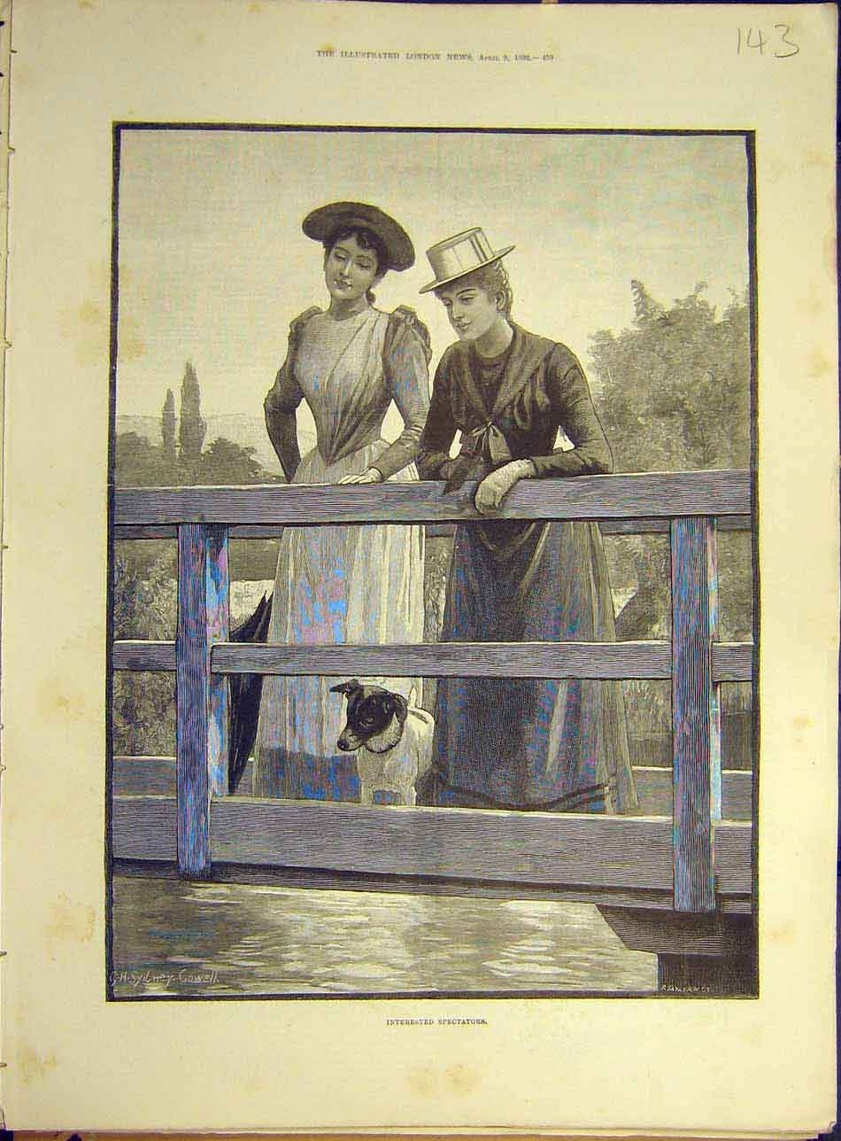 Original Old Antique Print 1892 Spectators Ladies Dog River Bridge Fine Art 19th