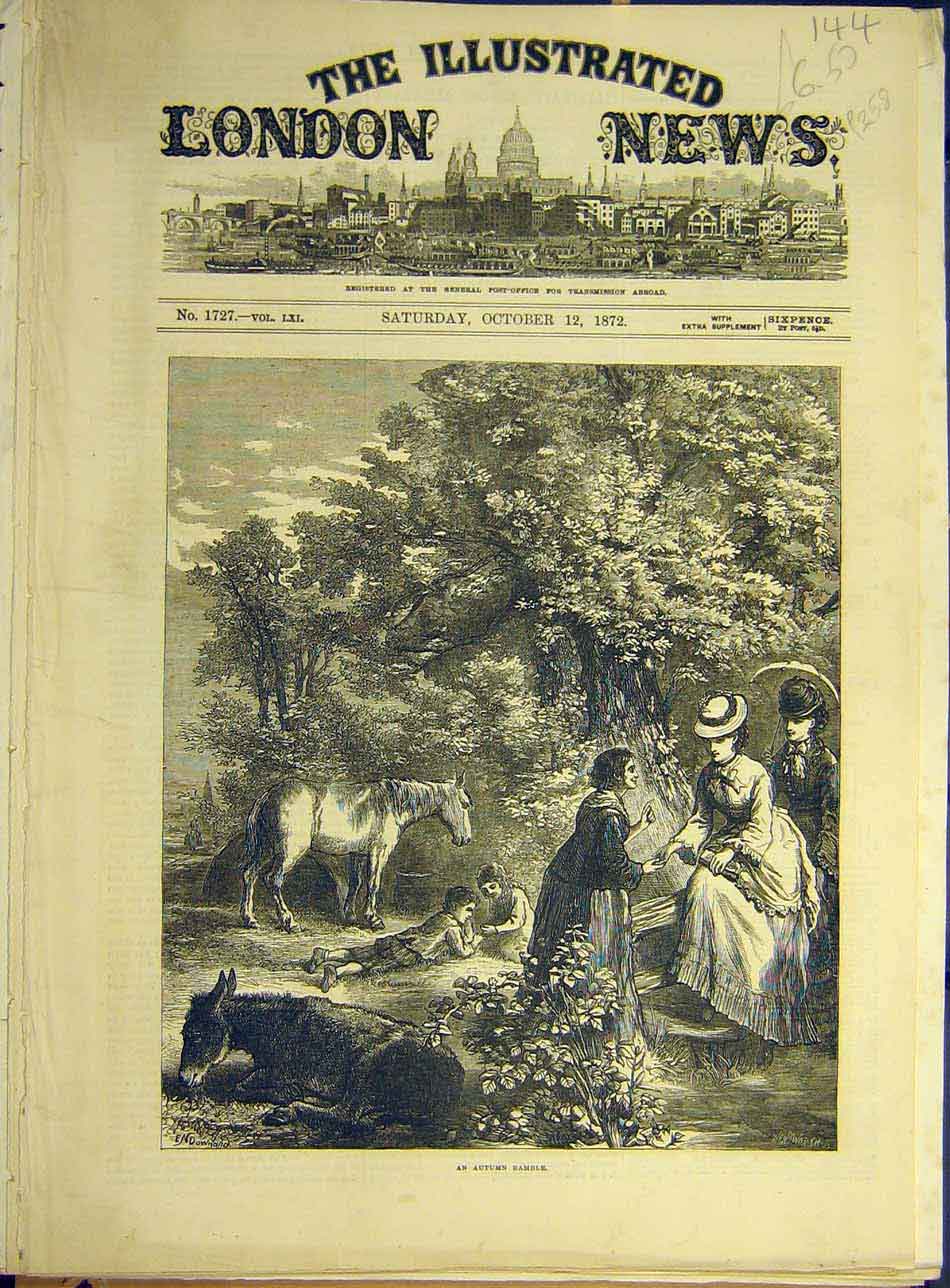 Original Old Antique Print 1872 Autumn Ramble Country-Side Donkey Horse People