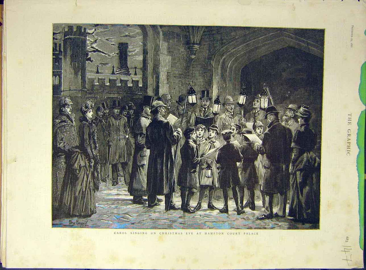 Original Old Antique Print 1888 Carol Singers Christmas Eve Hampton Court Palace