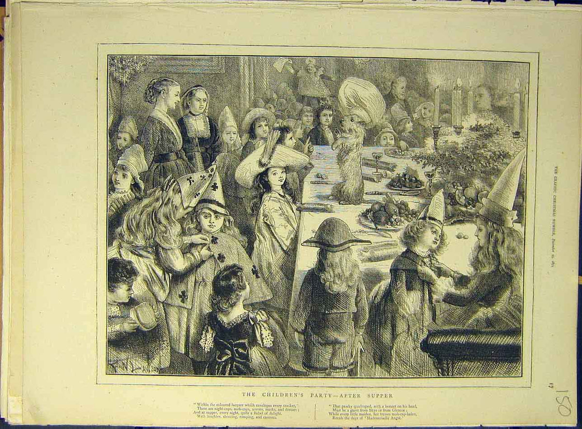 Original Old Antique Print 1873 Children'S Party Supper Games Fine Art Victorian