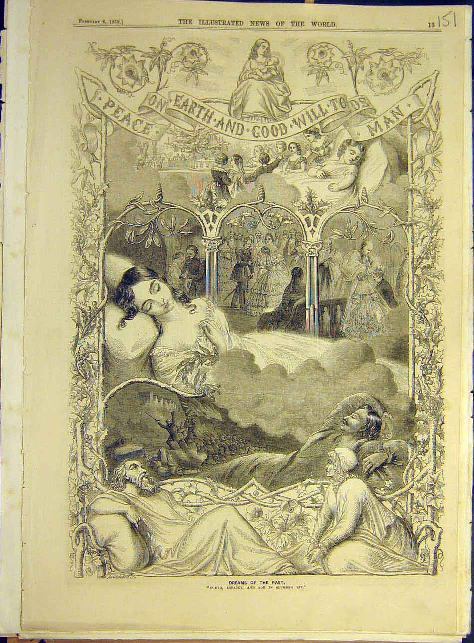 Original Old Antique Print 1858 Dreams Past Youth Infancy Age Slumber Victorian