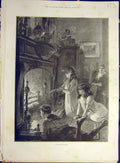 Original Old Antique Print 1893 Christmas Fireside Children Fire-Place Art 19th