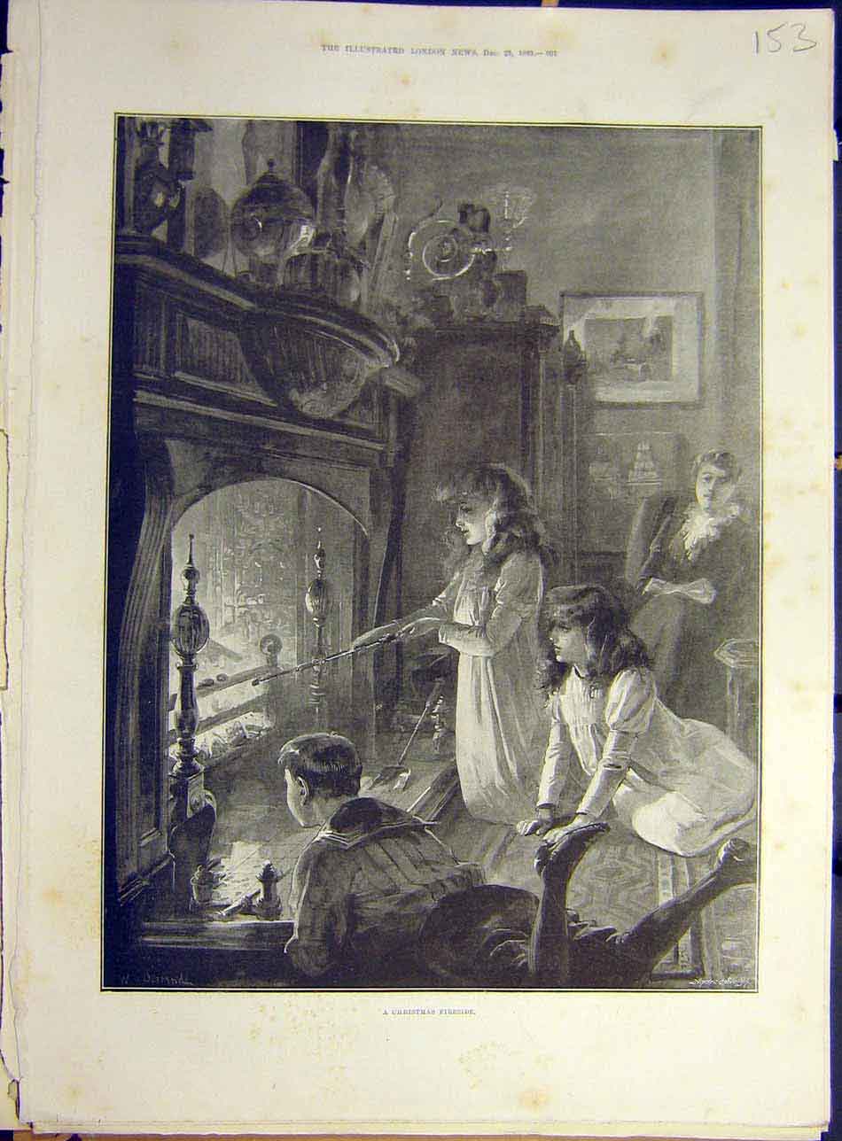 Original Old Antique Print 1893 Christmas Fireside Children Fire-Place Art 19th