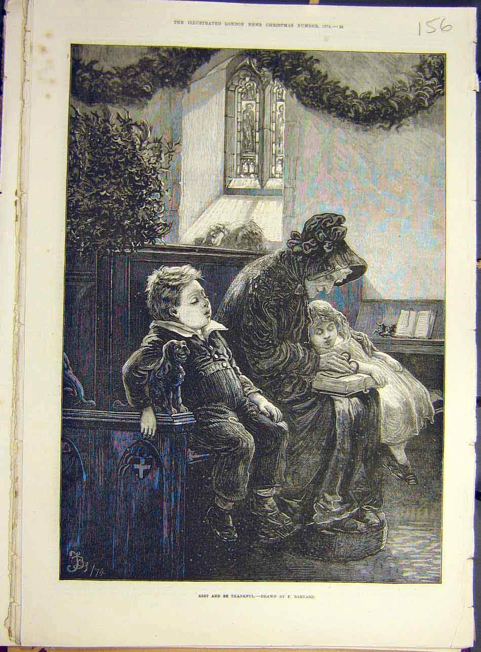 Original Old Antique Print 1874 Barnard Rest-Thankful Children Woman Church 19th