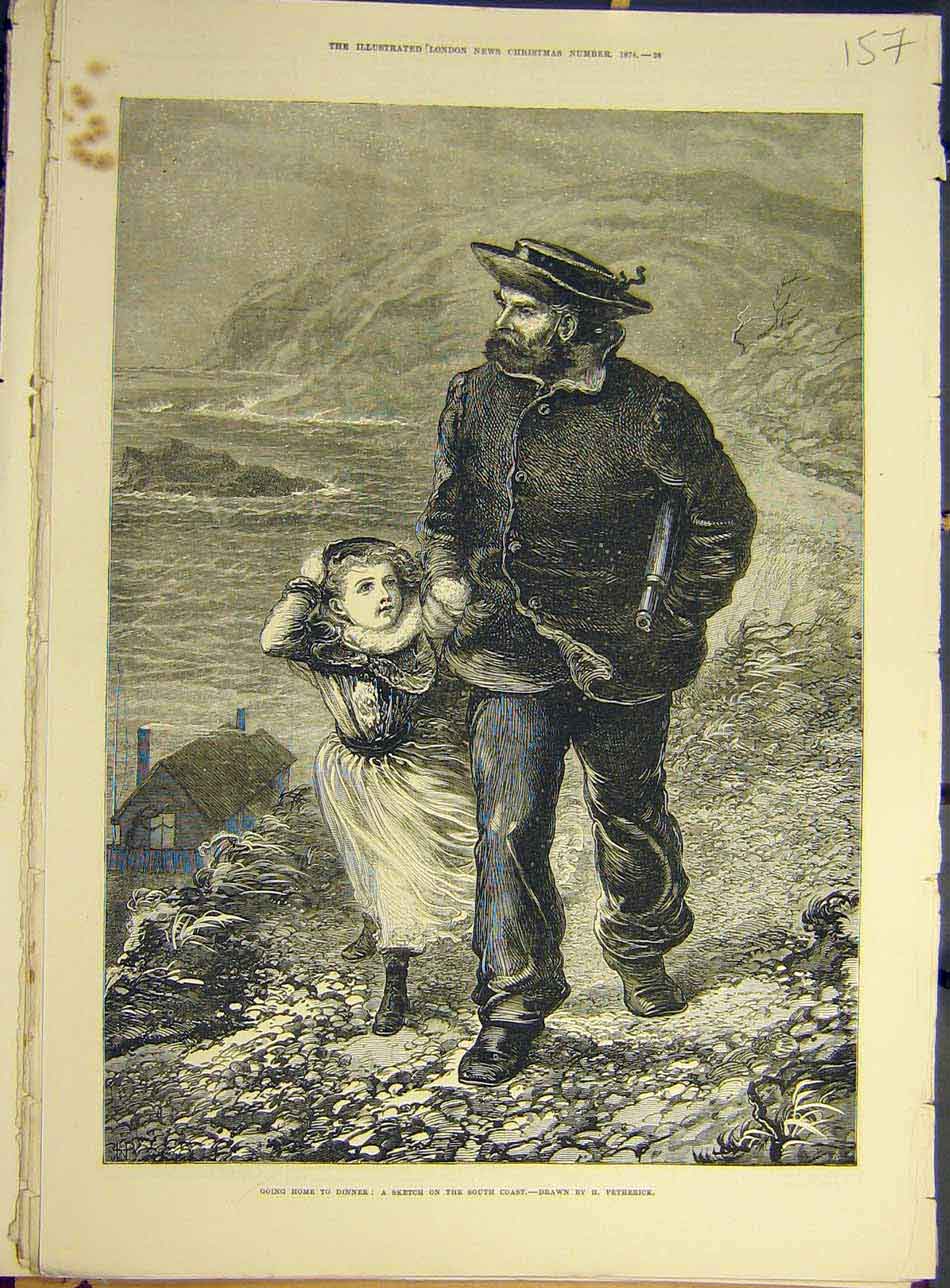 Original Old Antique Print 1874 South-Coast Home-Dinner Petherick Man Child 19th