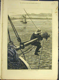 Original Old Antique Print 1874 Christmas Wave Robertson Boy Boat Holly Sea 19th