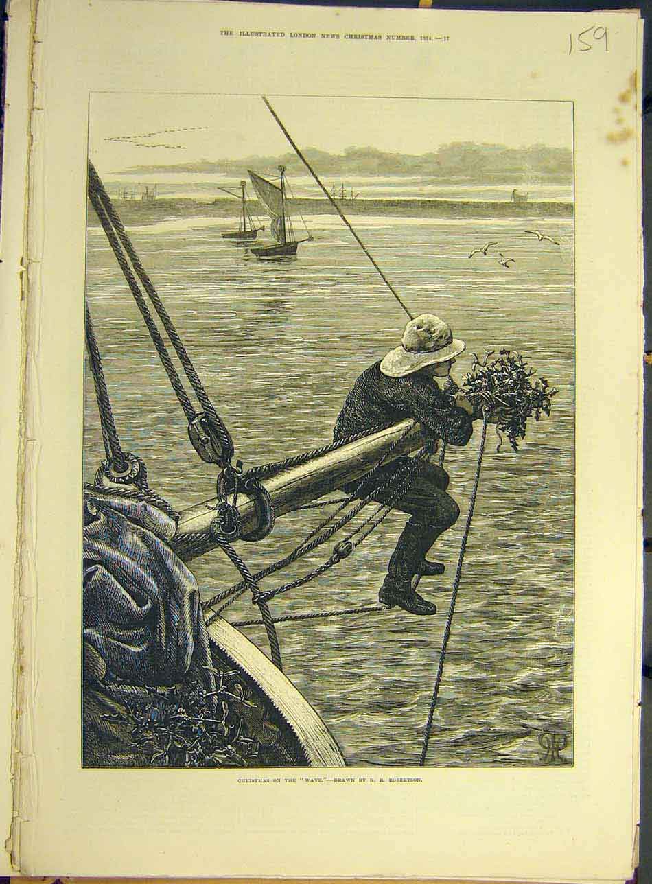 Original Old Antique Print 1874 Christmas Wave Robertson Boy Boat Holly Sea 19th