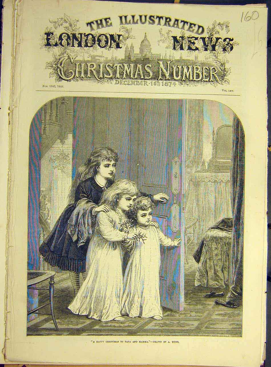 Original Old Antique Print 1874 Happy-Christmas Mama Papa Hunt Children 19th