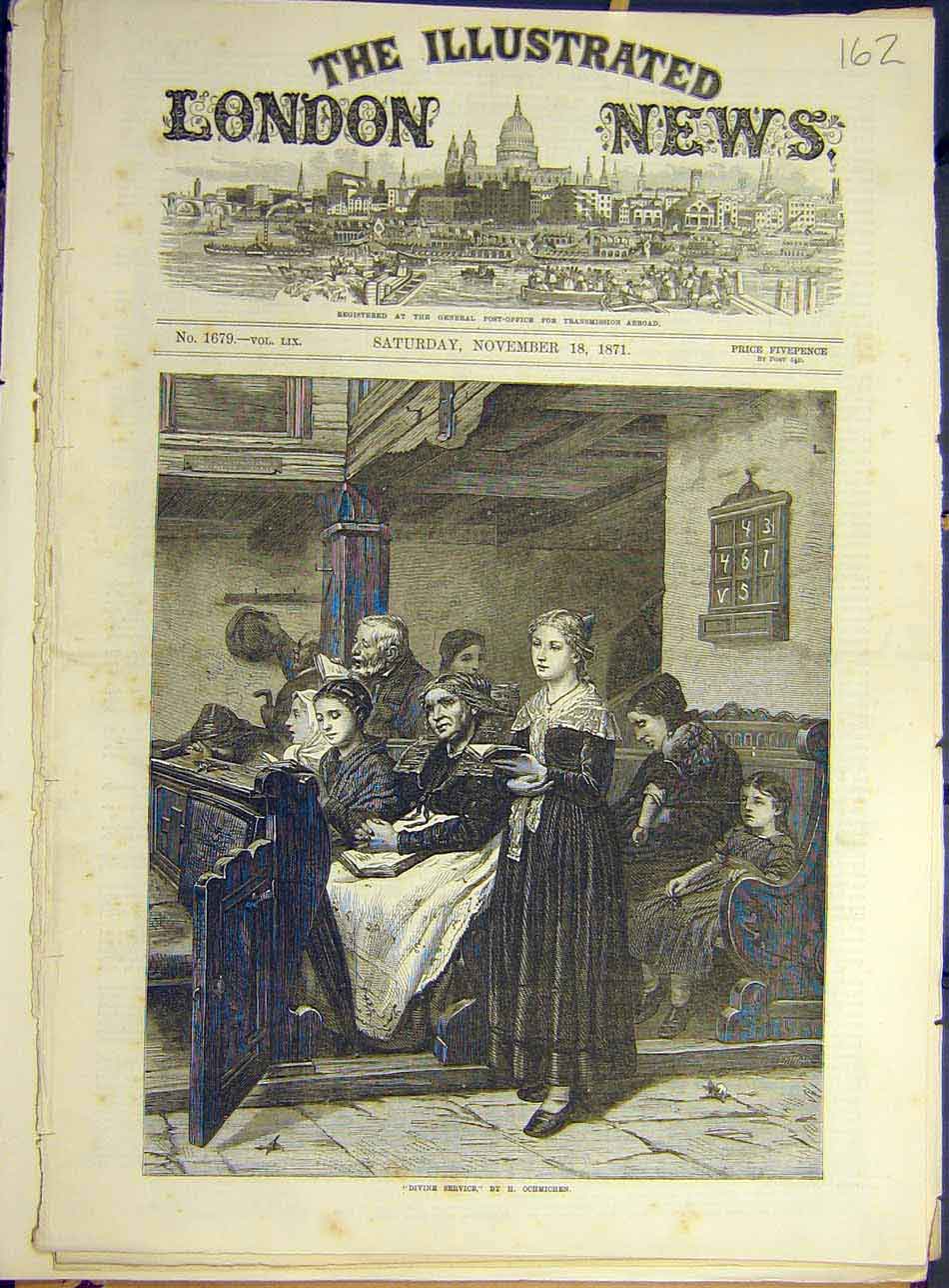 Original Old Antique Print 1871 Divine-Service Ochmichen Church Religious 19th