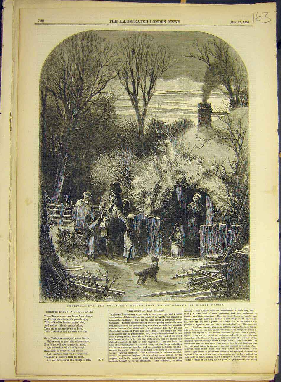 Original Old Antique Print 1855 Christmas-Eve Cottager Market Return Foster 19th