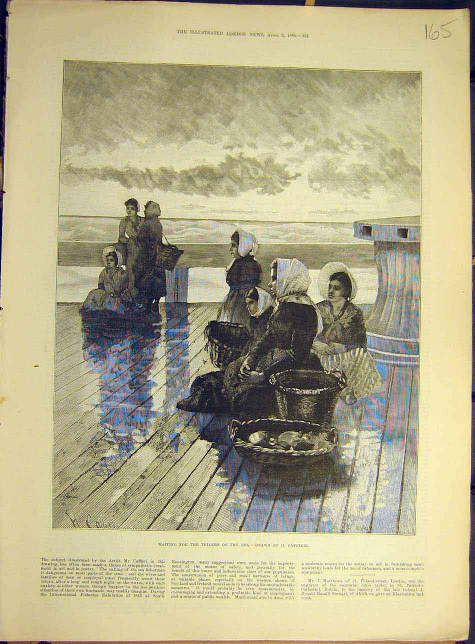 Original Old Antique Print 1886 Sea Fishermen Ladies Wives Caffieri Docks 19th