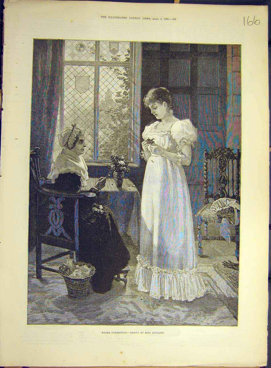 Original Old Antique Print 1886 Correction Miss-Sutcliffe Lady Fine Art 19th