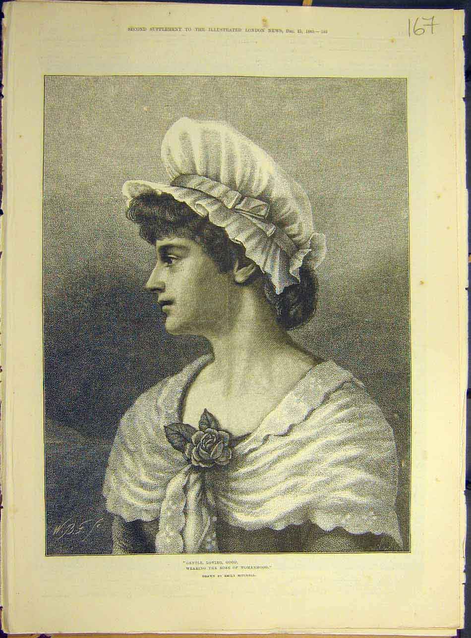 Original Old Antique Print 1883 Rose-Womanhood Gentle Loving Good Mitchell Lady