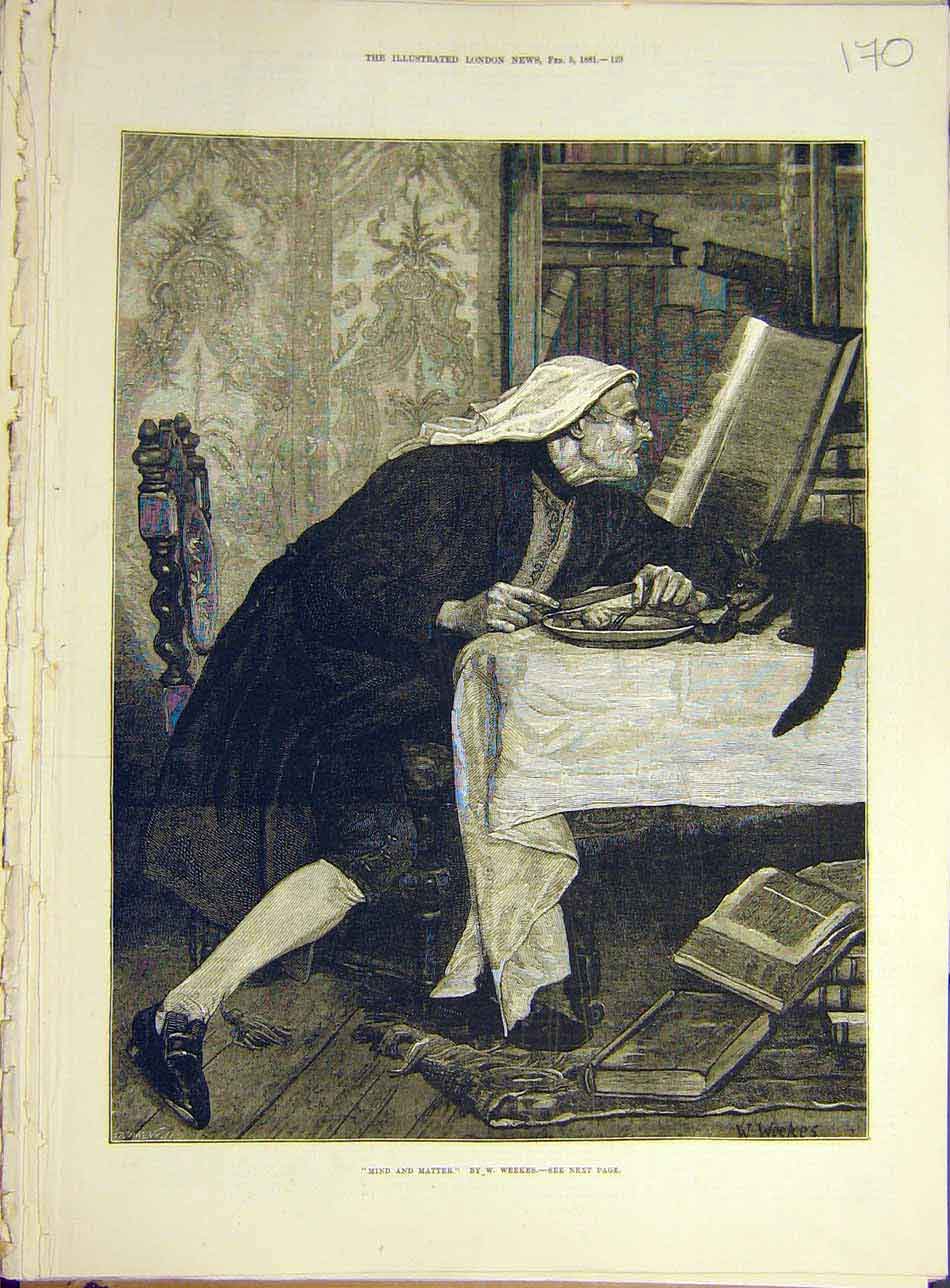 Original Old Antique Print 1881 Mind-Matter Weekes Cat Table Books Man Victorian