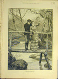 Original Old Antique Print 1882 Spring-Time Lady Man Bridge River Stream 19th