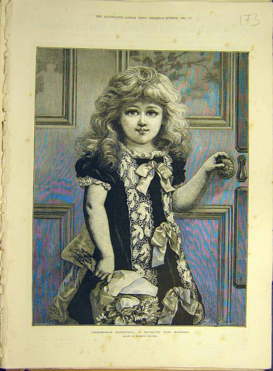 Original Old Antique Print 1883 Christmas Morning Bouquet Mamma Gravier 19th