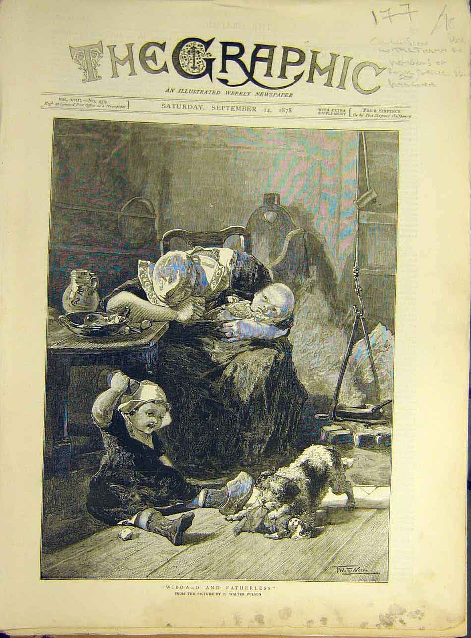 Original Old Antique Print 1878 Widowed-Fatherless Baby Mother Children Wilson