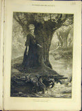 Original Old Antique Print 1873 Drifting Away Cauty Art Lady River Flower 19th