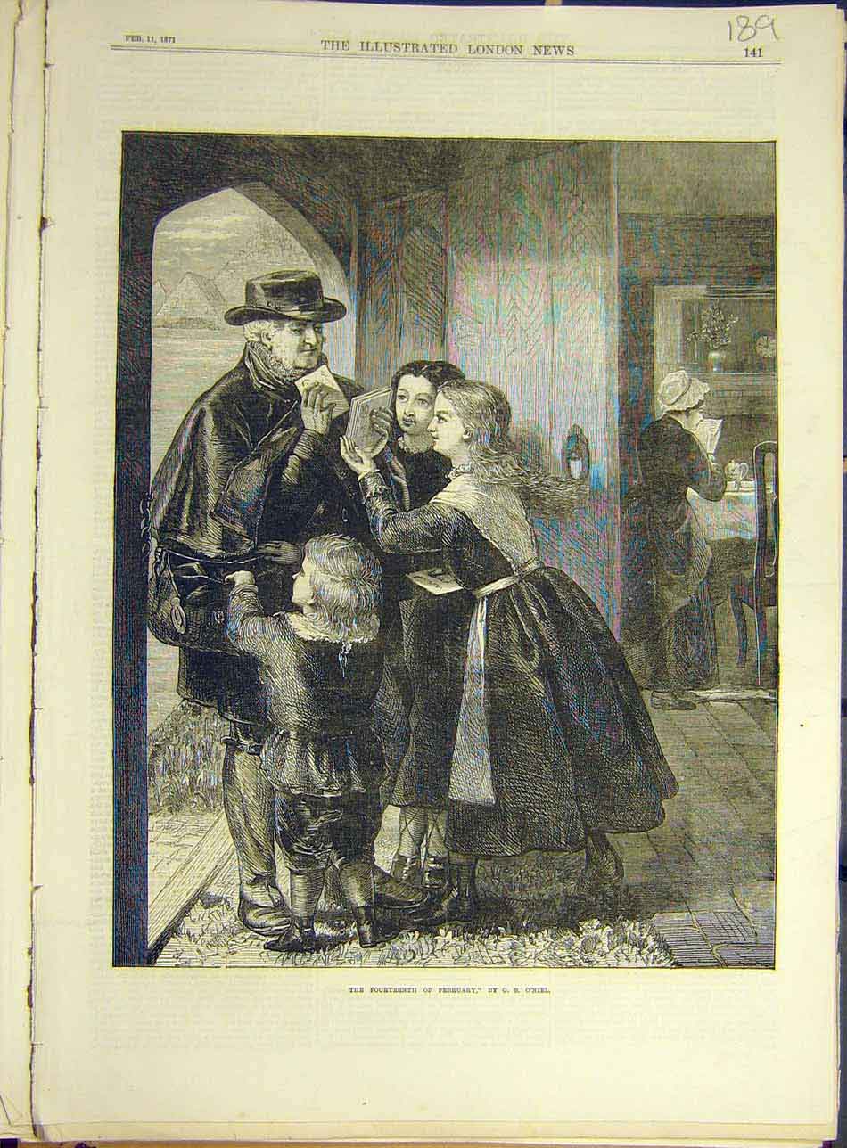 Old Antique Print 1871 Fourteenth February Valentine O'Niel Letters Post 19th