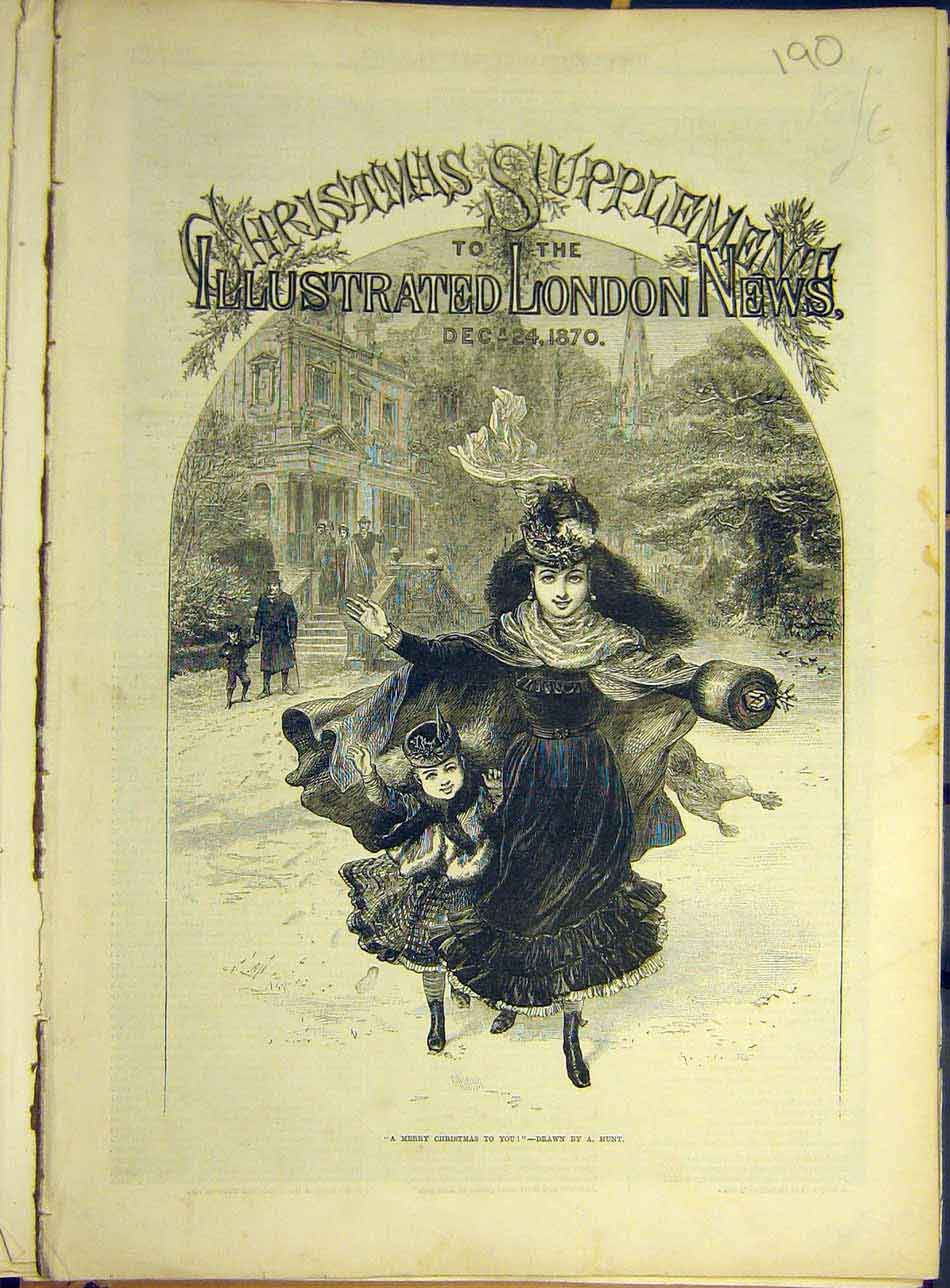 Original Old Antique Print 1870 Merry-Christmas-To-You Hunt Child Lady Art 19th