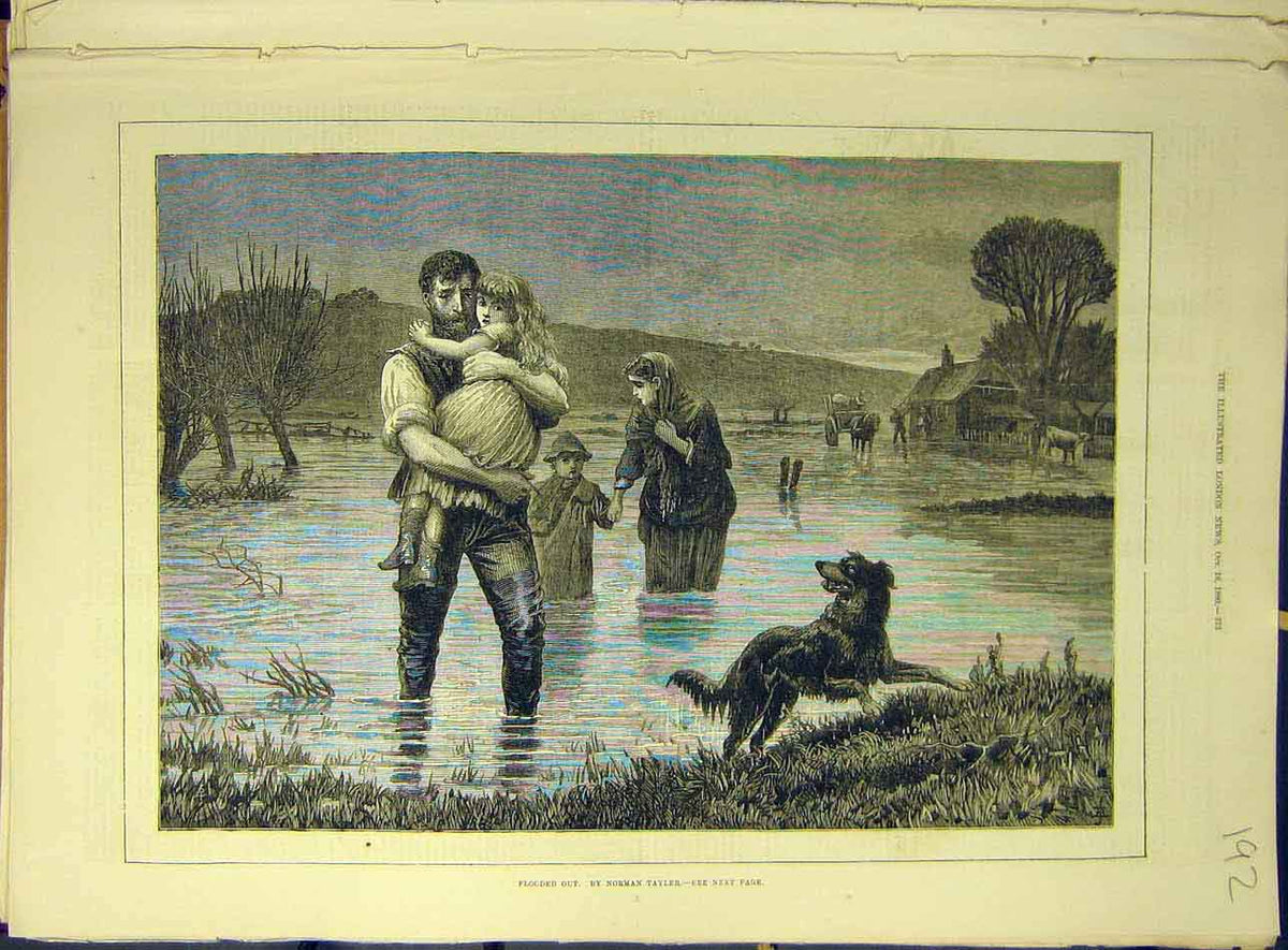 Original Old Antique Print 1880 Flooded-Out Home Tayler People Dog Floods 19th