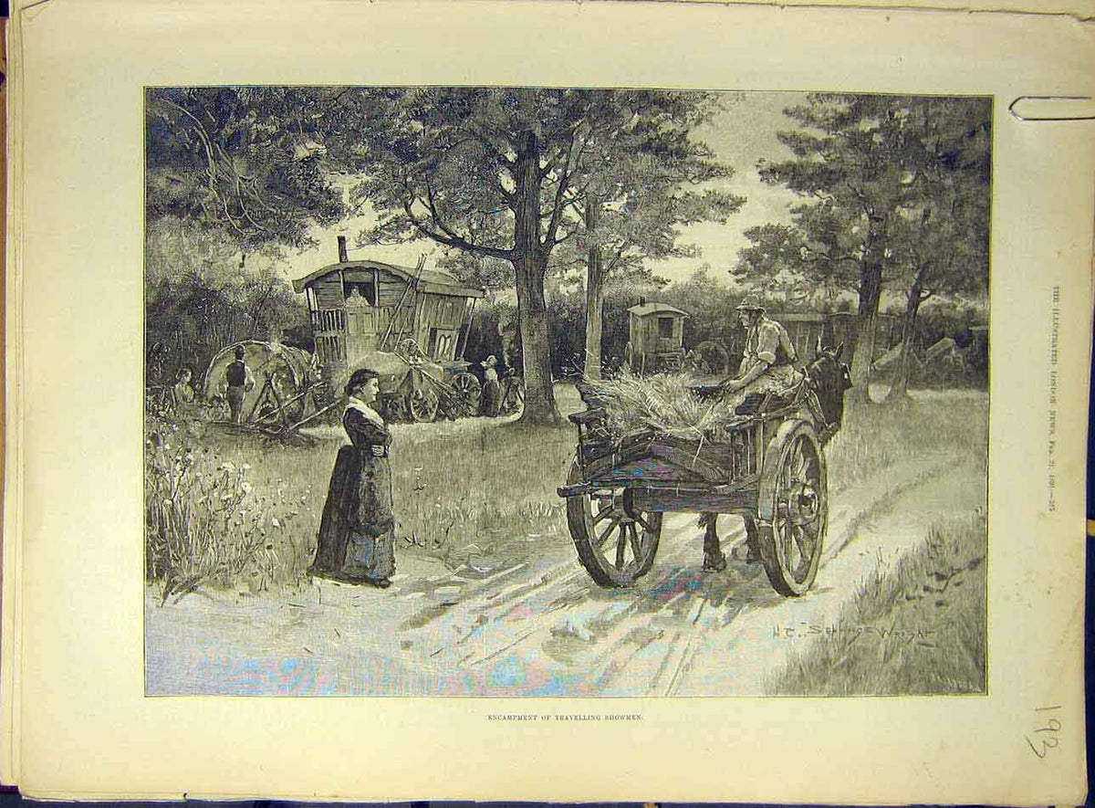 Original Old Antique Print 1891 Travelling Showmen Camp Caravan Cart Art 19th