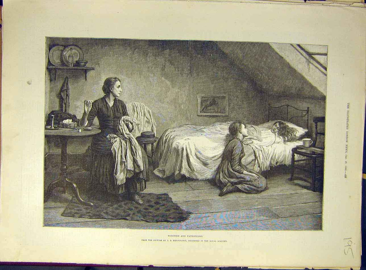 Original Old Antique Print 1888 Widowed-Fatherless Mother Children Kennington